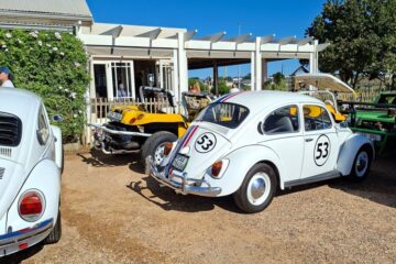 Neil and Maddox’s iconic #53 Herbie VW Beetle with a 1600 air-cooled motor parked at Ou Meul in Melkbosstrand during a Wild Buggers club run.