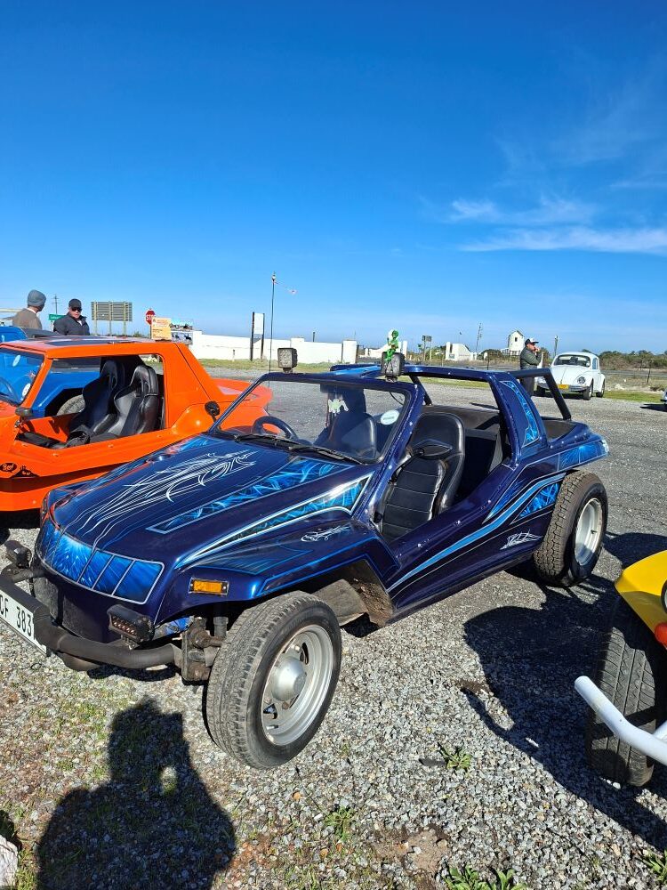 Lerene’s blue Kango beach buggy parked at a West Coast pitstop during the Wild Buggers West Coast cultural experience Run, showing off its custom finish and classic VW beach buggy style.