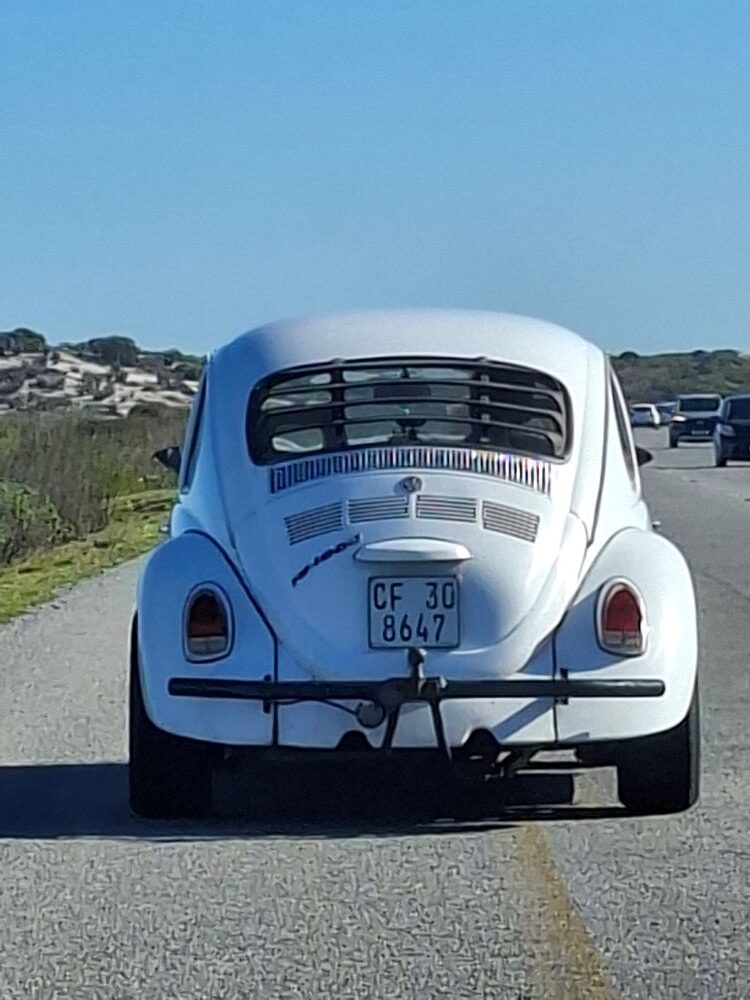 Bertus Visser’s white VW air-cooled Beetle driving during the Wild Buggers West Coast cultural experience Run, showing classic Volkswagen style on the scenic West Coast route.