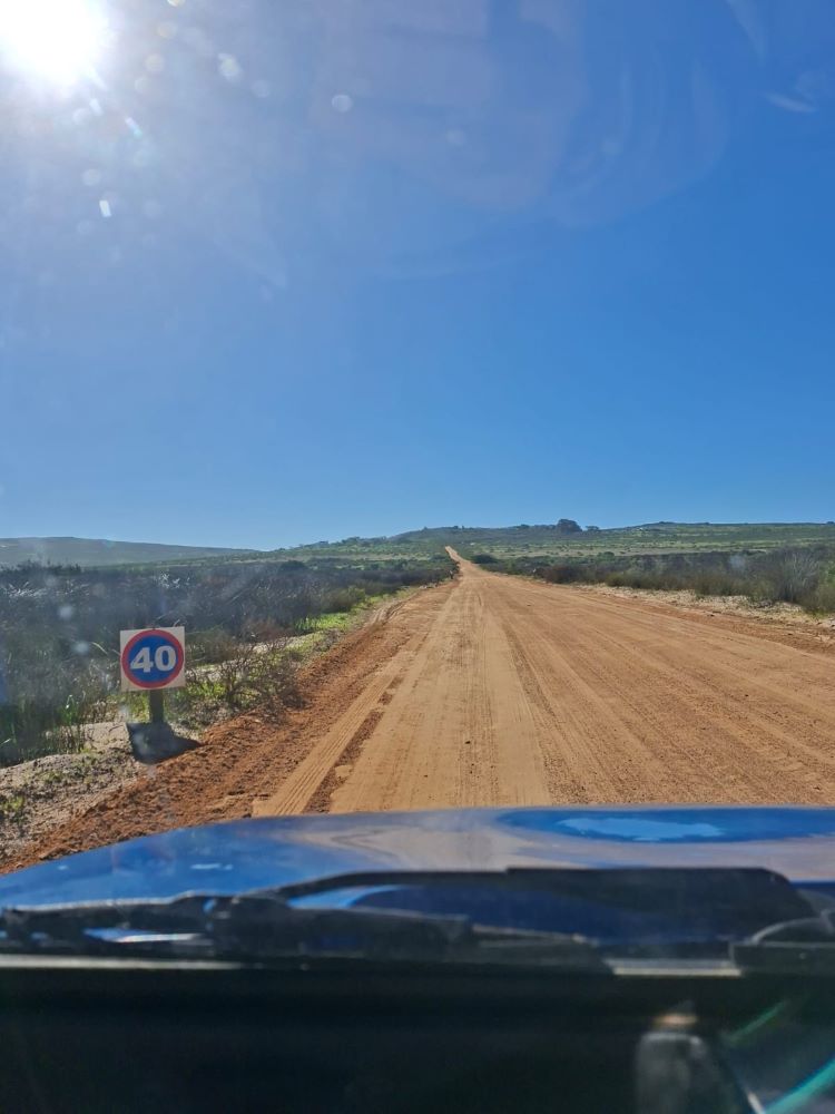 Convoy view following Rhoodie’s blue Kango beach buggy on the gravel road to Khwa ttu during the Wild Buggers West Coast cultural experience Run, with classic VW club-run scenery on the West Coast route.