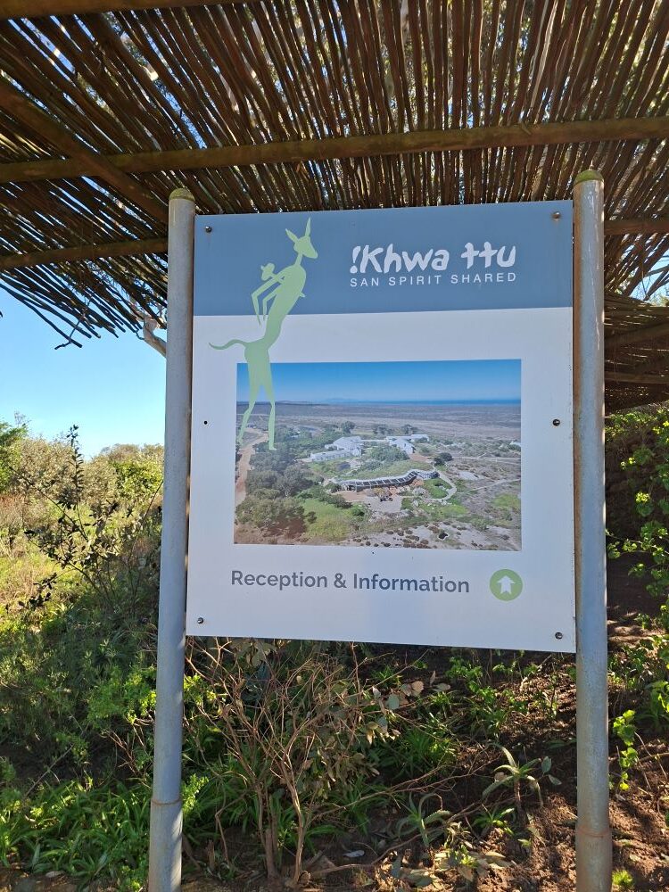 The !Khwa ttu reception signboard at the San Heritage Centre during the Wild Buggers West Coast cultural experience Run, marking the club’s arrival at the West Coast cultural destination near Yzerfontein.