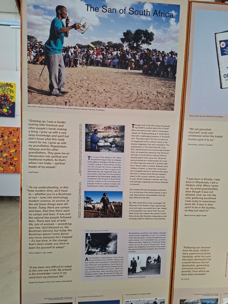 A poster at !Khwa ttu sharing some of the stories of the San of South Africa during the Wild Buggers West Coast cultural experience Run, highlighting an educational display at the San Heritage Centre.