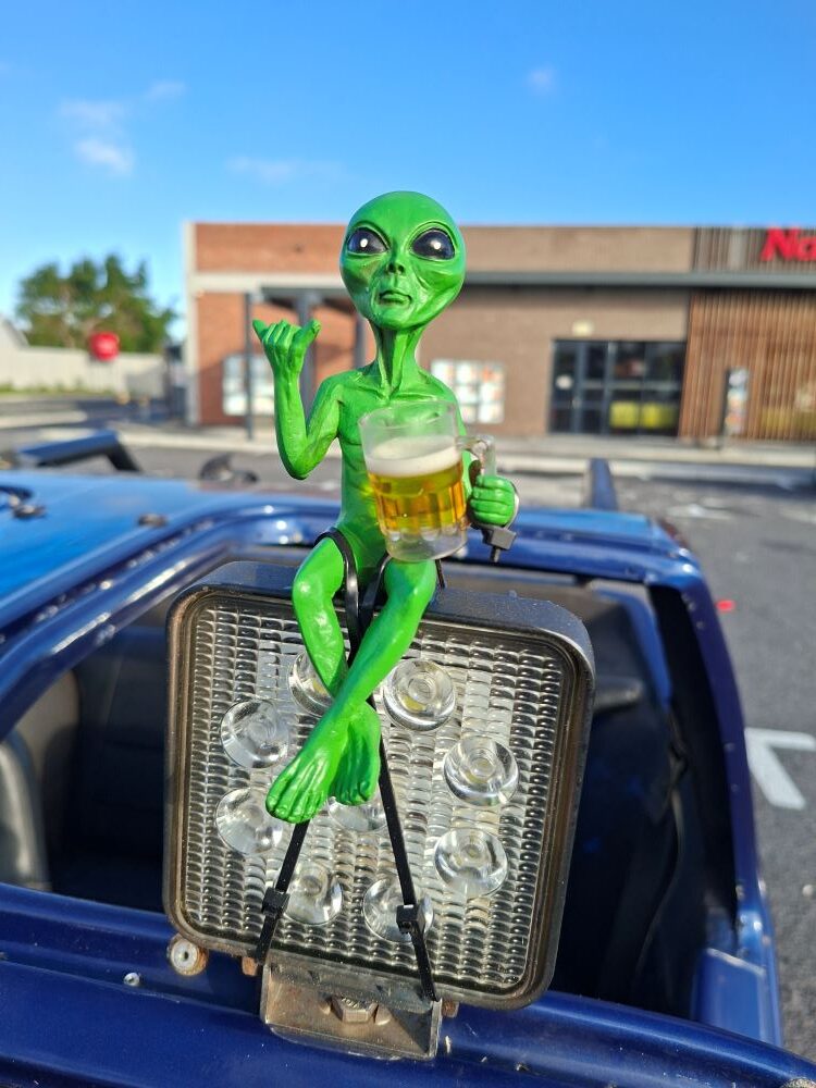 A green alien holding a beer perched on the spotlight of Lerene Sadie’s blue Kango beach buggy at the Bothasig meeting point before the Wild Buggers West Coast cultural experience Run.