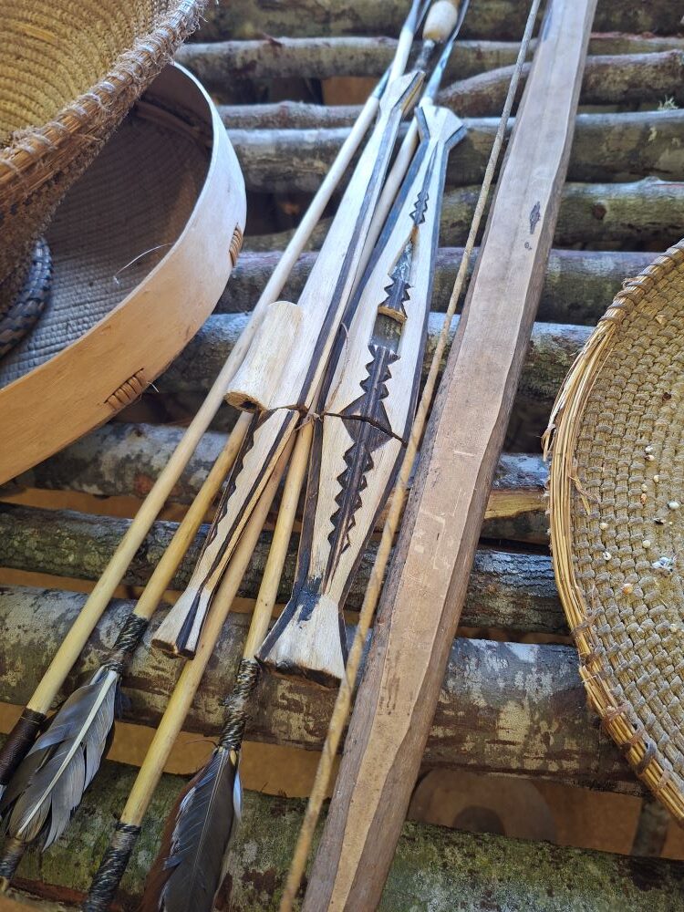 Handmade traditional San knives, bows, and arrows on display inside an exhibition hall at !Khwa ttu during the Wild Buggers West Coast cultural experience Run at the San Heritage Centre.