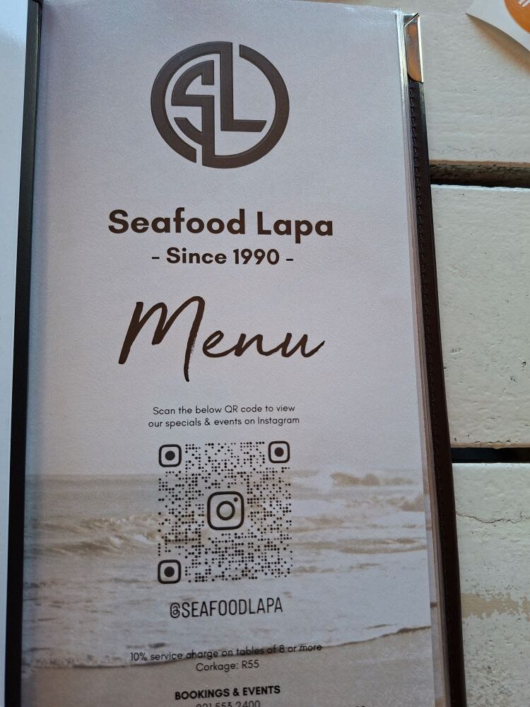 The Seafood Lapa restaurant menu board on display at the final destination in Melkbosstrand during the Wild Buggers West Coast cultural experience Run.