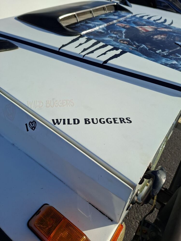 Close-up of the ‘I love Wild Buggers’ sticker on Faizal’s Jeep at the Bothasig meeting point before the Wild Buggers West Coast cultural experience Run in Cape Town.