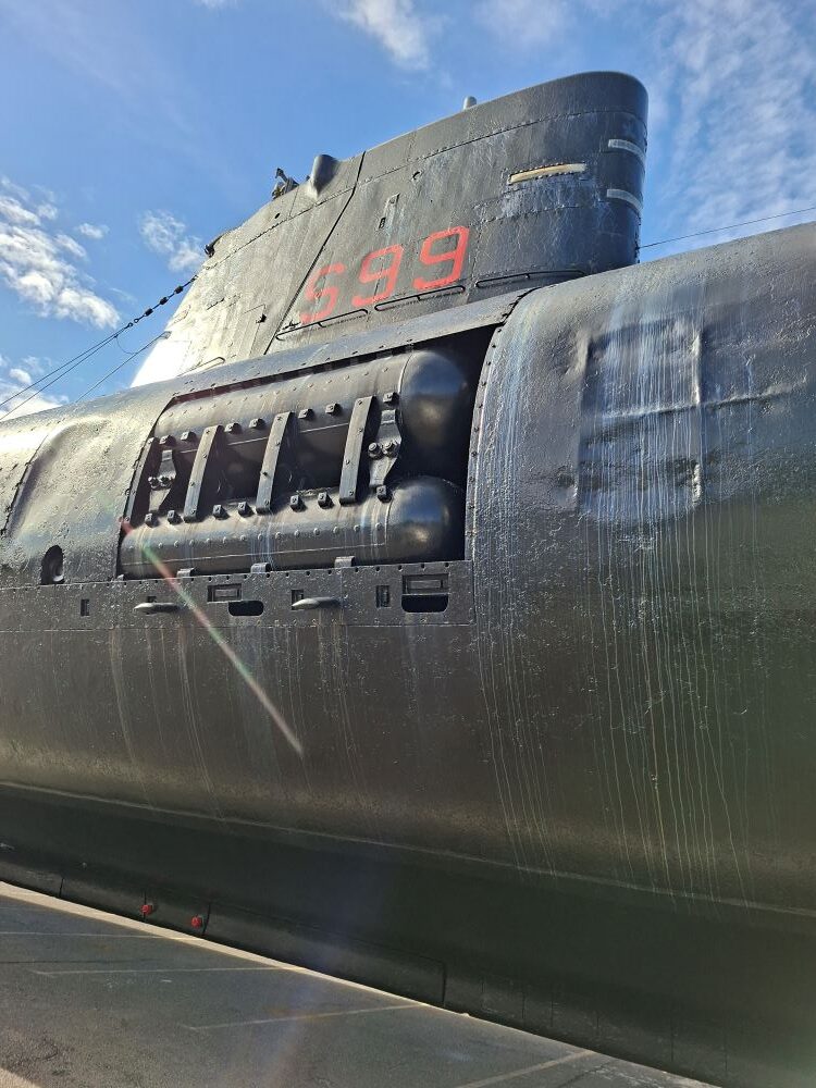 A close-up view of a specialized exterior hatch section housing large metal canisters or tanks on the black hull of the SAS Assegaai submarine below the conning tower.