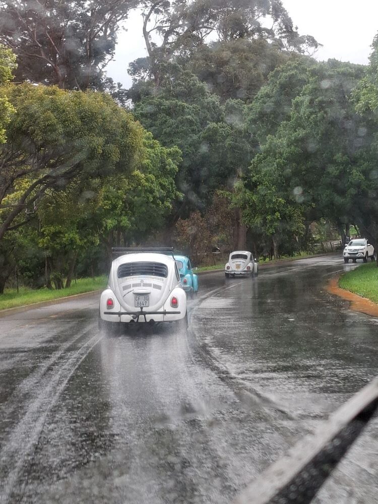 A tracking shot through a rain-covered windshield of a classic white VW Beetle kicking up water spray on a wet road, followed by other vintage cars cruising under a canopy of green trees.