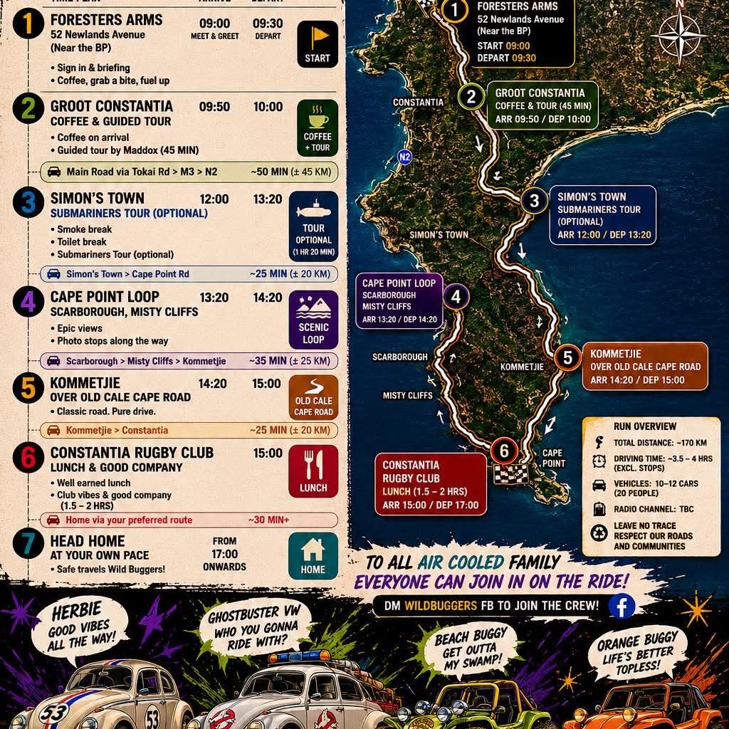 An infographic event poster for The Wild Buggers Rise: Coast to Winelands classic VW cruise in Cape Town on June 14. The poster features a map of the 170 km route from Newlands to Constantia via Simon's Town and Cape Point, a detailed itinerary with times, convoy rules, and custom illustrations of iconic vehicles including Herbie, a Ghostbusters VW Beetle, and a Shrek-themed beach buggy.