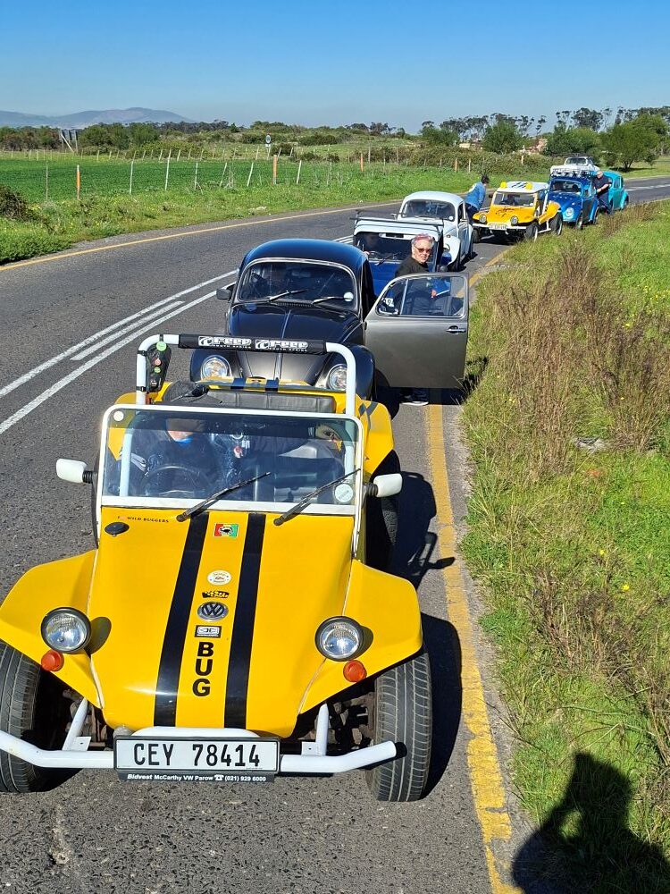 A line of custom beach buggies, Baja Bugs, and classic VW air-cooled vehicles pulled over on the side of a country road for a catch-up stop during a club winter cruise.