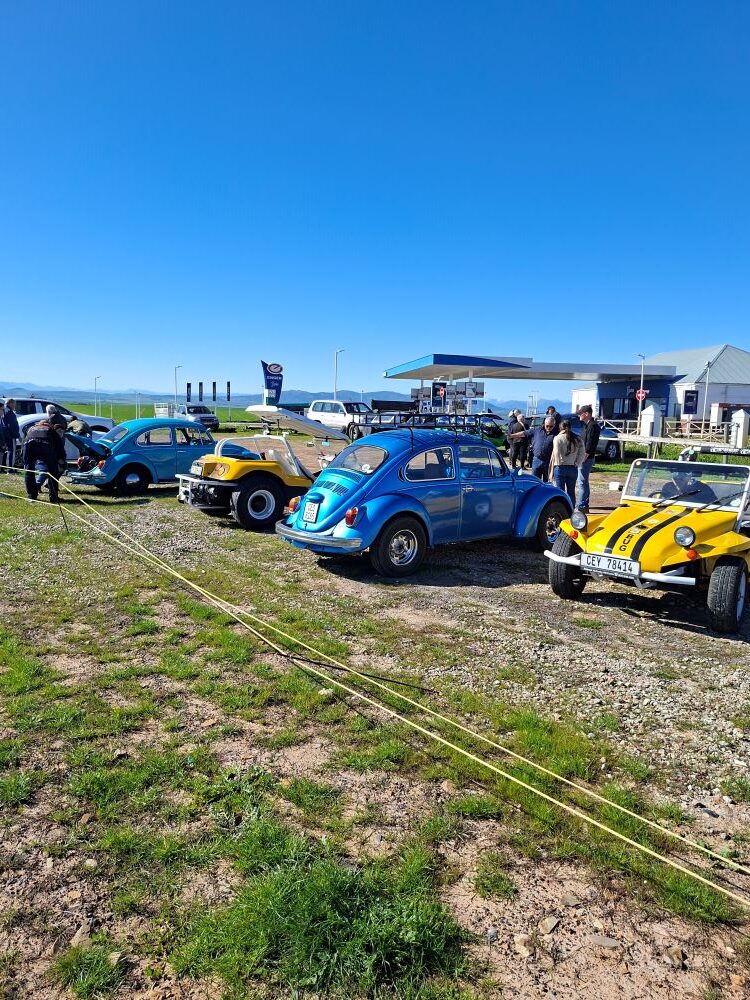 A diverse lineup of custom beach buggies, Baja Bugs, and classic VW air-cooled vehicles parked at De Werf during a Wild Buggers club event stop where members were performing maintenance, socializing, and exploring.
