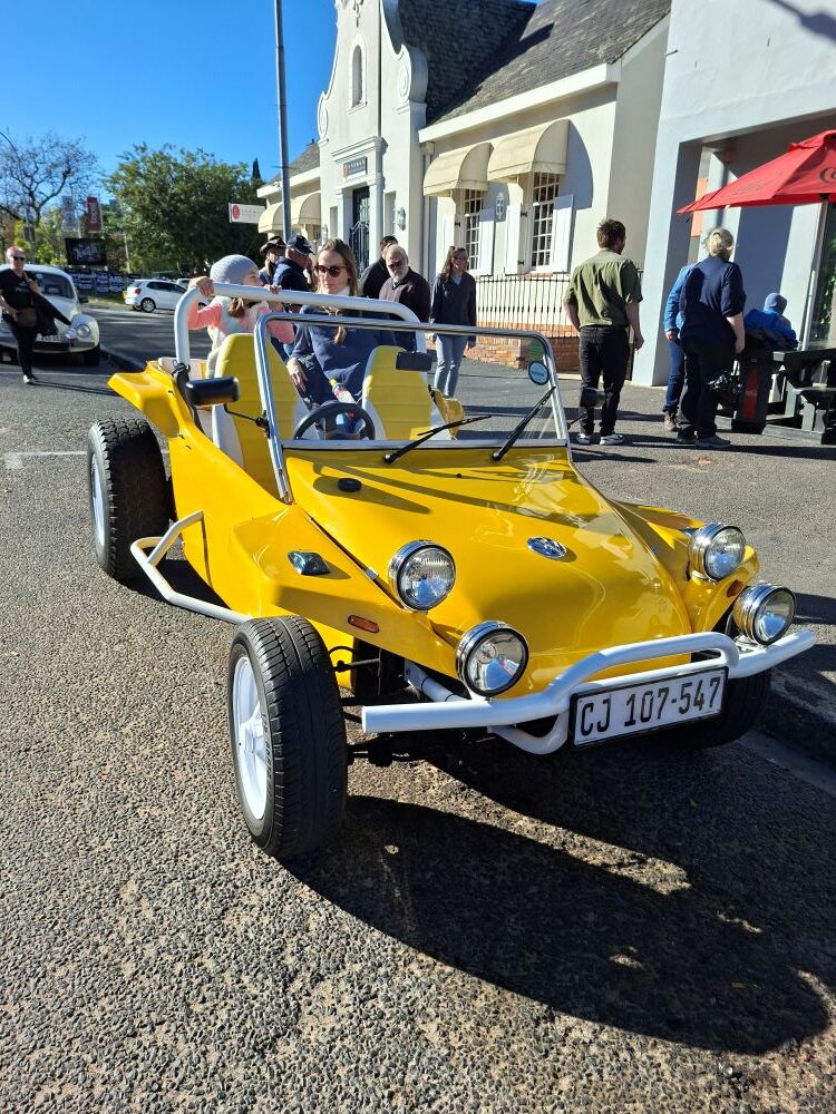 Boeta Munnik's bright yellow Beamish Beach Buggy, powered by a 1600 VW air-cooled Beetle motor, parked at Cape To Rio Fisheries after the Wild Buggers club Propellers and Pistons Winter Cruise.