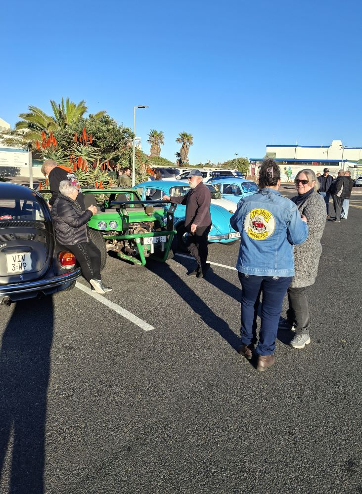 Members of the Wild Buggers Beach Buggy Club chatting next to classic VW air-cooled vehicles and a custom green beach buggy at the Woodbridge Island convoy meeting point.
