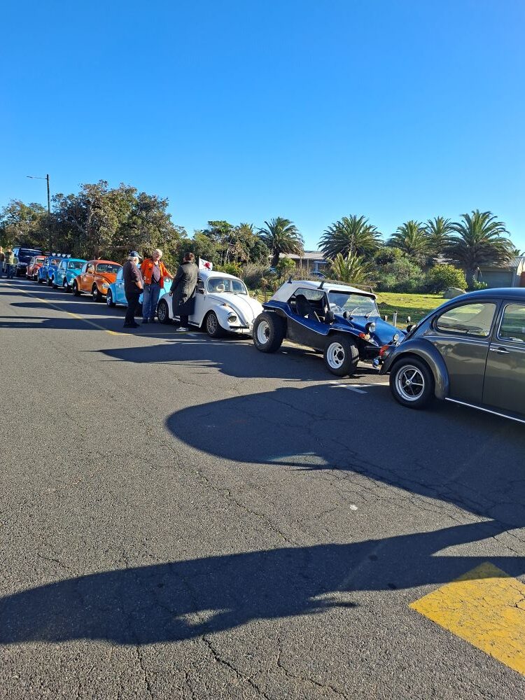 A line of vintage VW Beetles and a custom blue and white Beamish beach buggy parked in VIP spots at the Ysterplaat museum during a Cape Town car run.