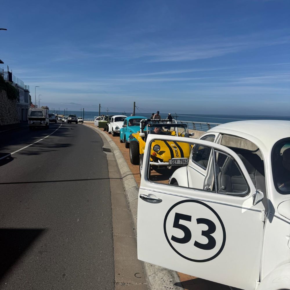 A line of beach buggies and classic VW Beetles parked alongside the coastal road during a club pitstop.