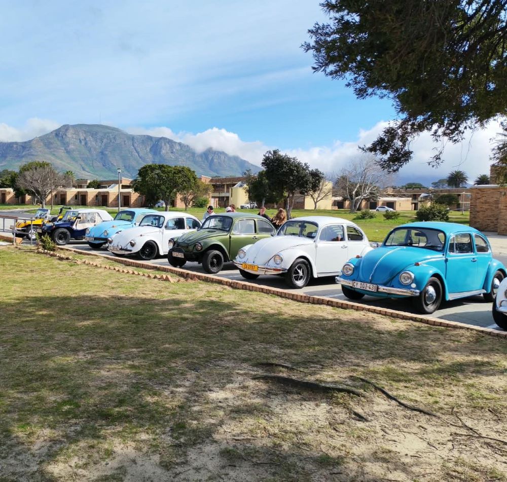 A line-up of custom beach buggies, a Baja Bug, and classic VW air-cooled vehicles parked securely at the Pollsmoor brunch stop during the From Bars to Battleships run.