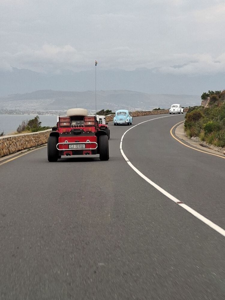 A convoy of classic vehicles driving along a winding coastal road on the final stretch of the club run.
