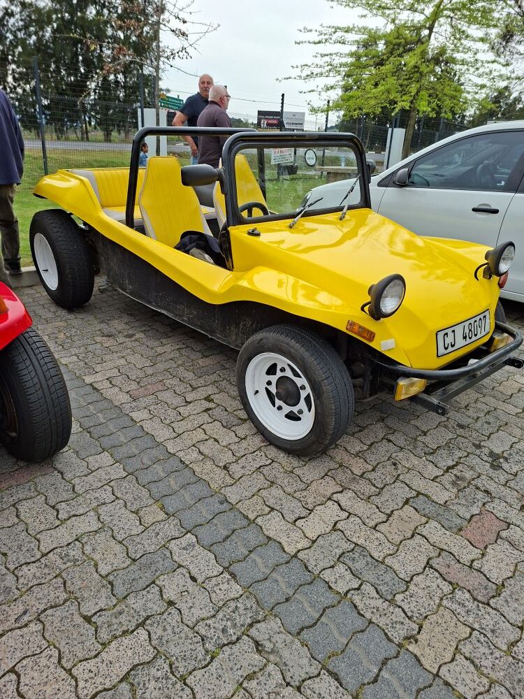 A vibrant yellow Beamish beach buggy parked during a club stop on Wiehann's Run.
