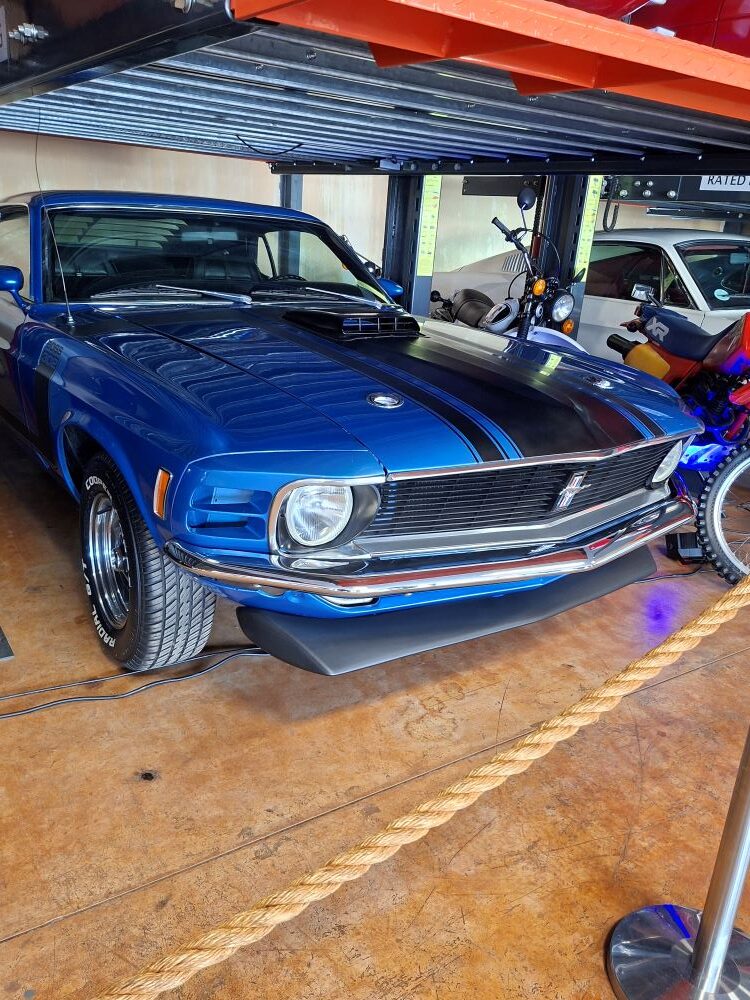 A close-up view of the front end and grille of a classic blue Ford Mustang muscle car on display at Lourensford Estate.