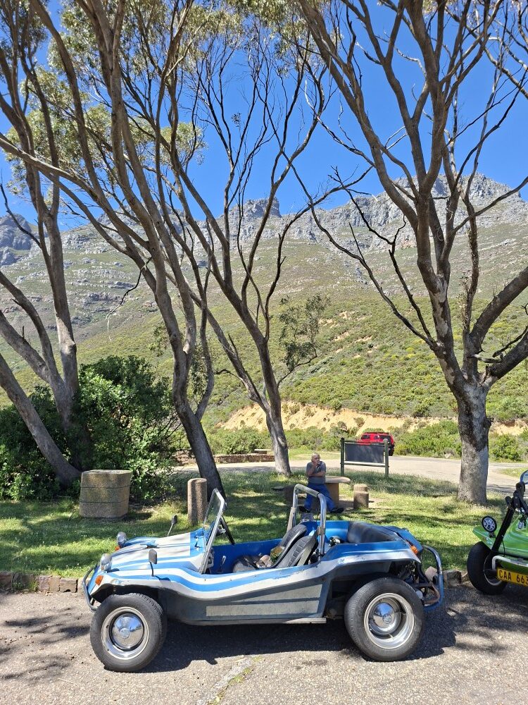 Harvey Metcalf's white and blue Beamish beach buggy parked under tall shady trees at a scenic mountain picnic area.