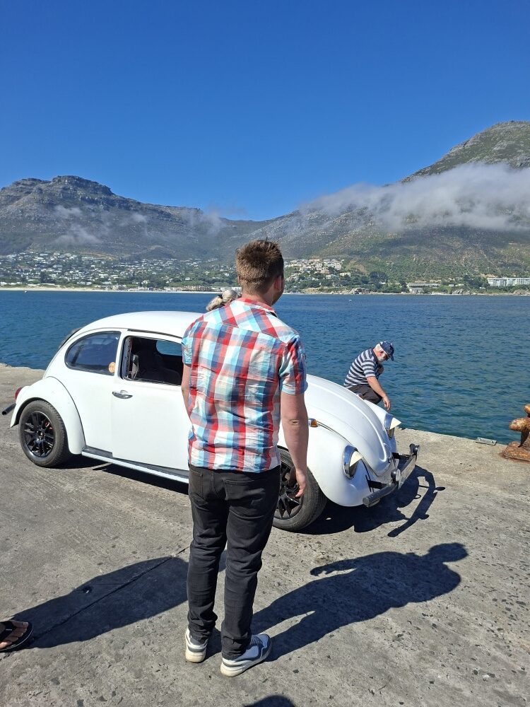 Bertus Visser's white classic air-cooled VW Beetle parked on the concrete harbour pier overlooking ocean waters and coastal mountains.