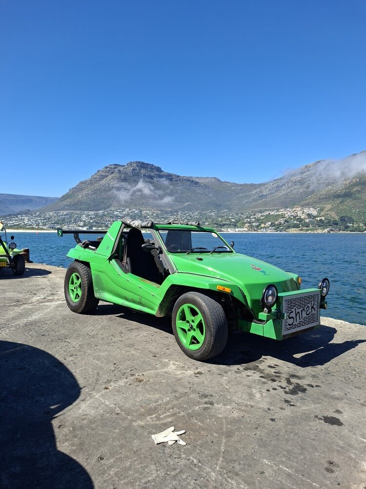 A highly modified, open-topped bright green beach buggy with large green alloy wheels and integrated rear cage structure parked on a high concrete pier overlooking mountains and the ocean.