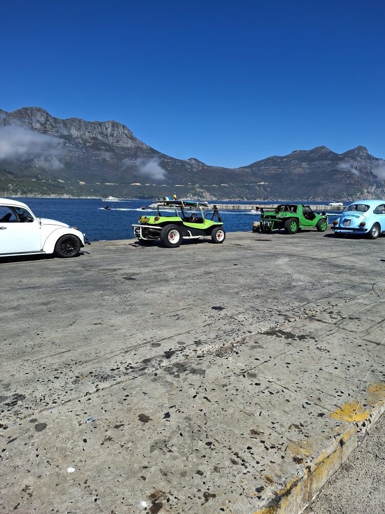 A fleet of classic air-cooled VWs and custom beach buggies parked in a row on the concrete harbour pier facing the open ocean and coastal mountains.