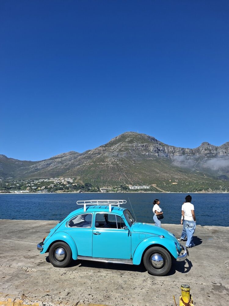 Heinrich Thiart's turquoise blue classic 1600 VW air-cooled Beetle with a white roof rack parked on the concrete harbour pier overlooking the bay and mountains.